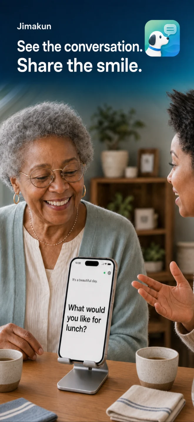 Jimakun App Store artwork showing a family conversation and large English captions