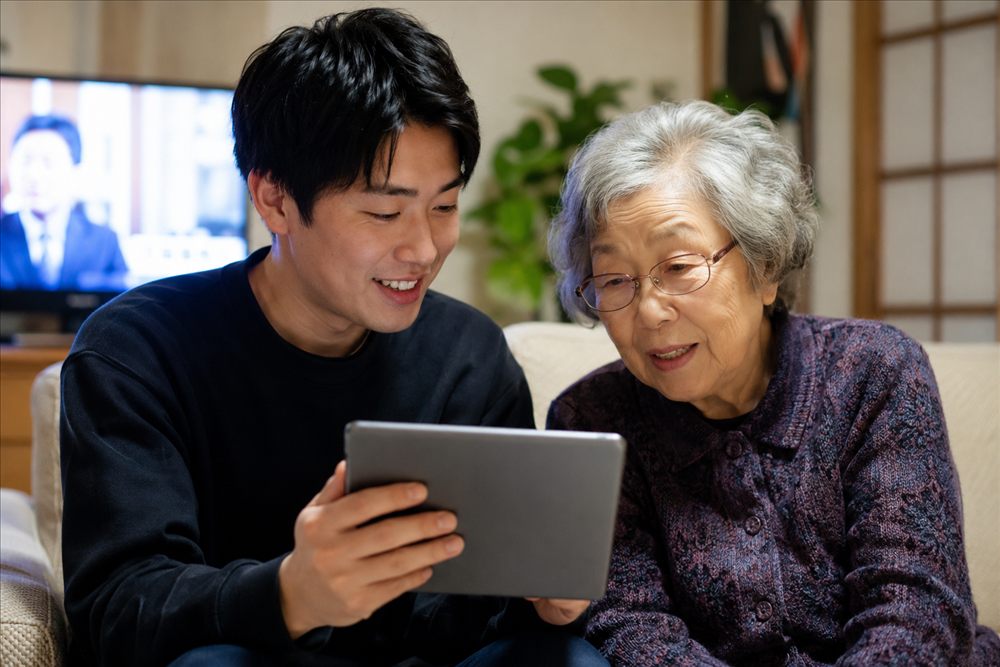 居間で、孫がiPadの画面を見せながら祖母と会話している様子。テレビがついている